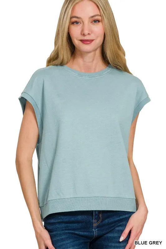 French Terry Round Neck Cap Sleeve T-Shirt
