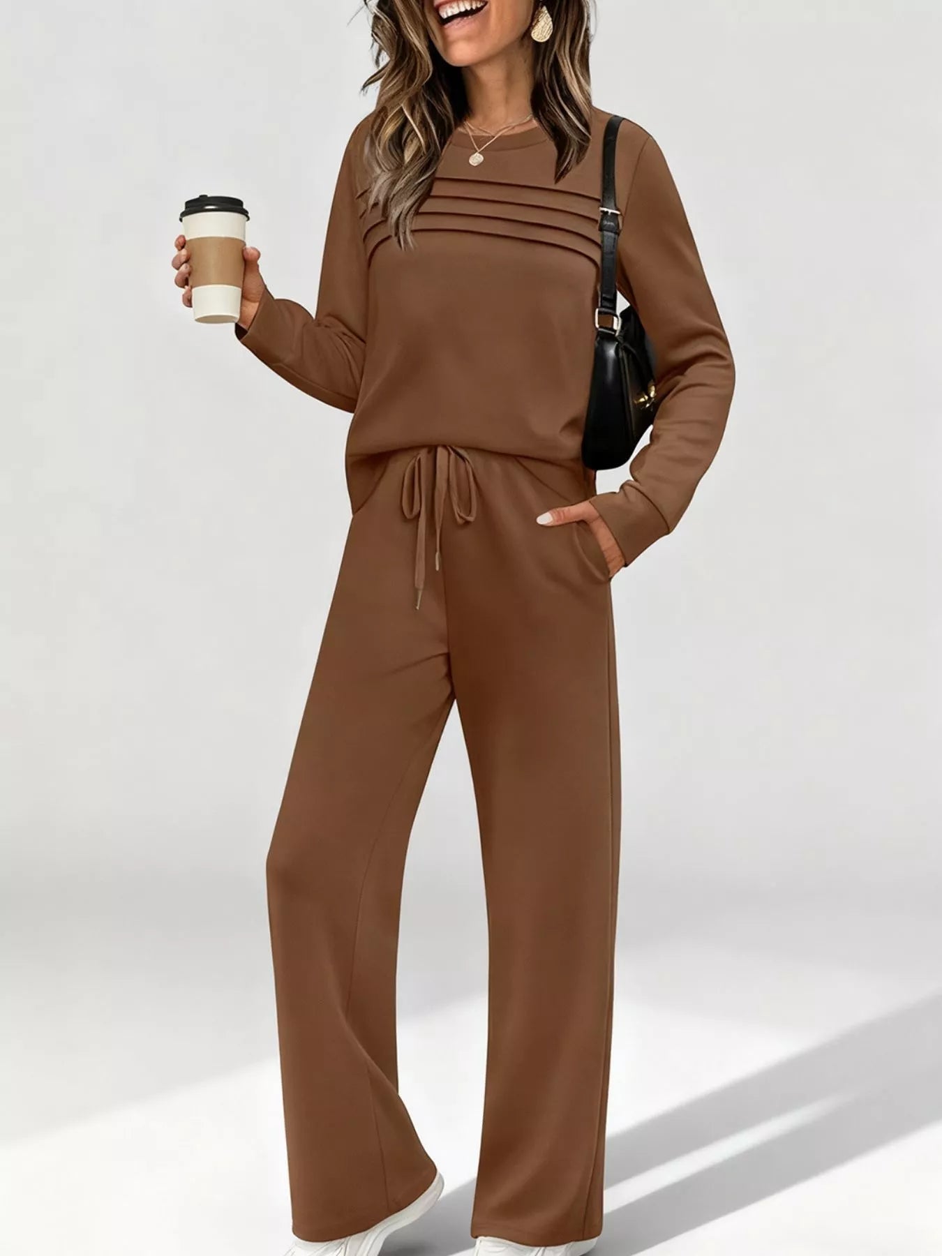 Full Size Casual Long Sleeve Top and Pants Set Plus Size