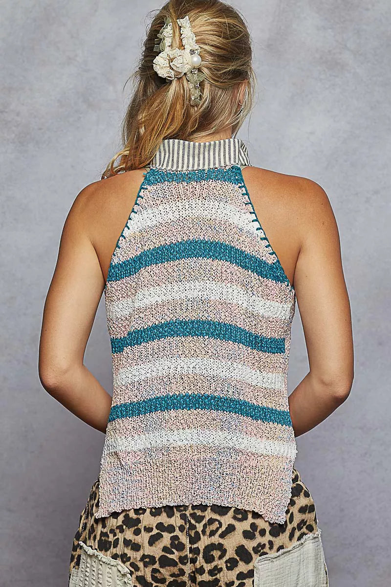 Striped Collar Sweater Vest with Star Patch