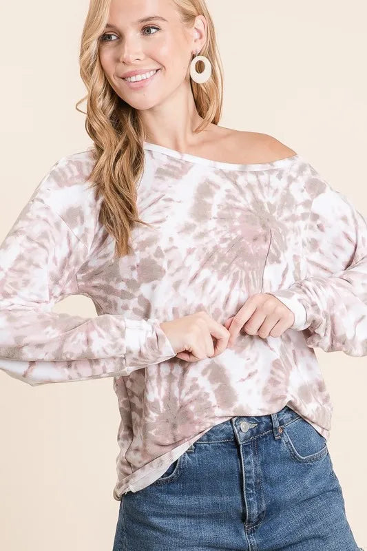 Tie Dye Print Terry Top with Front Patch Pocket