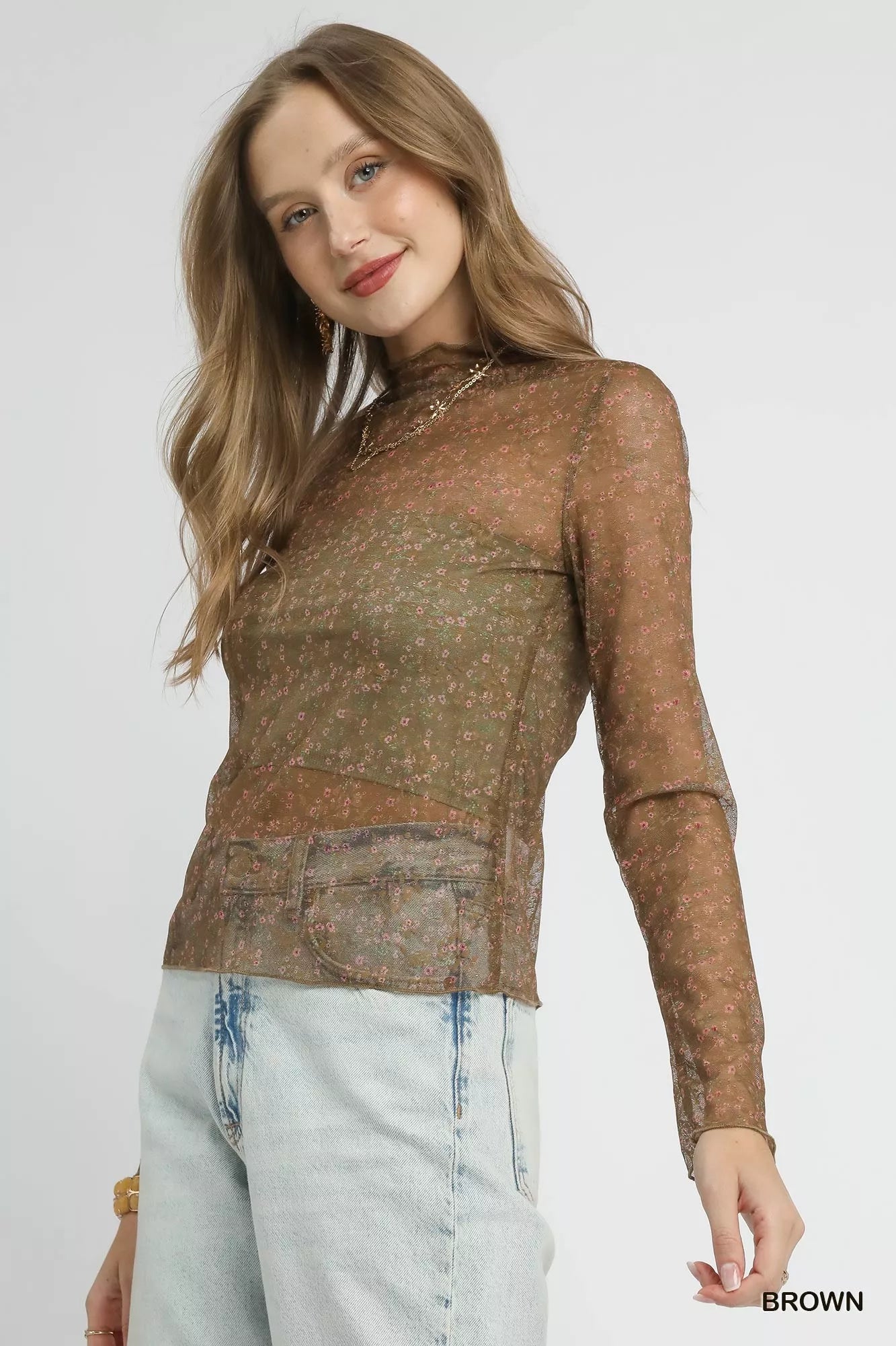 Nylon Lace Mesh Long Sleeve Top