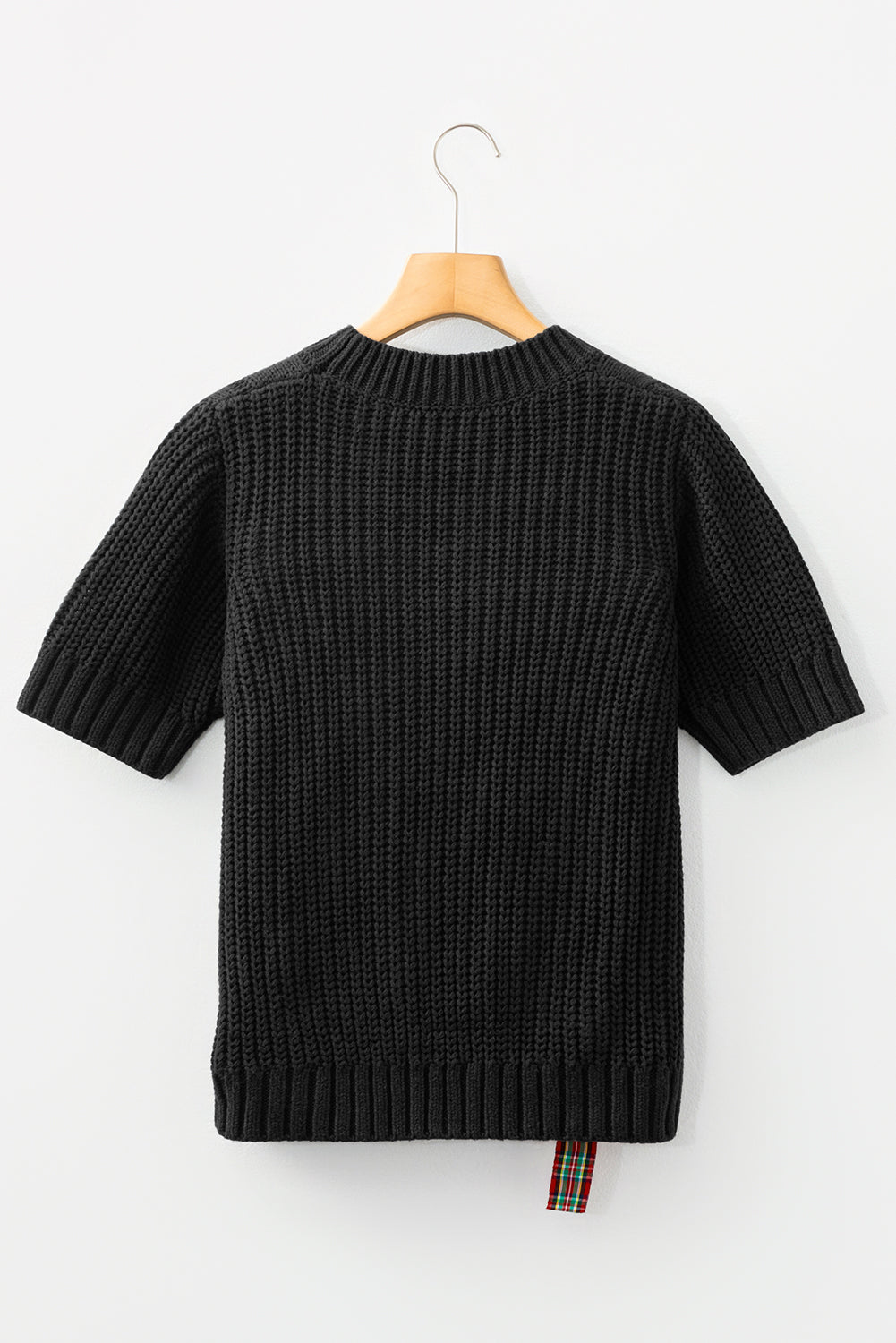 Black Plaid Lace up Detail Christmas Holiday Puff Short Sleeve Sweater