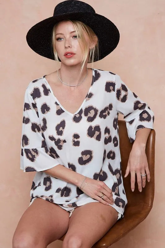 Leopard Printed V Neck Woven Top with Ruffled
