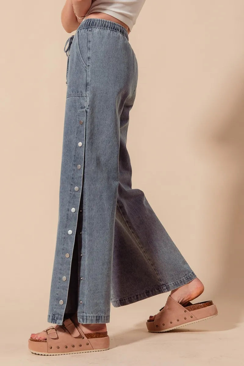SO ME Mid Rise Drawstring Jeans with Side Snap Button