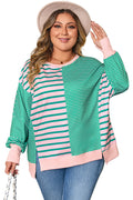 Green Stripe Color Block Exposed Seam Side Slit Plus Size Sweatshirt