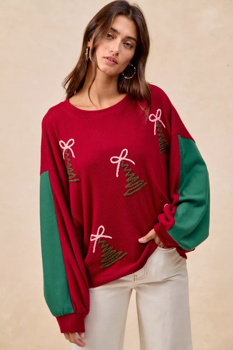 Christmas Theme Tree Embroidered Sweater
