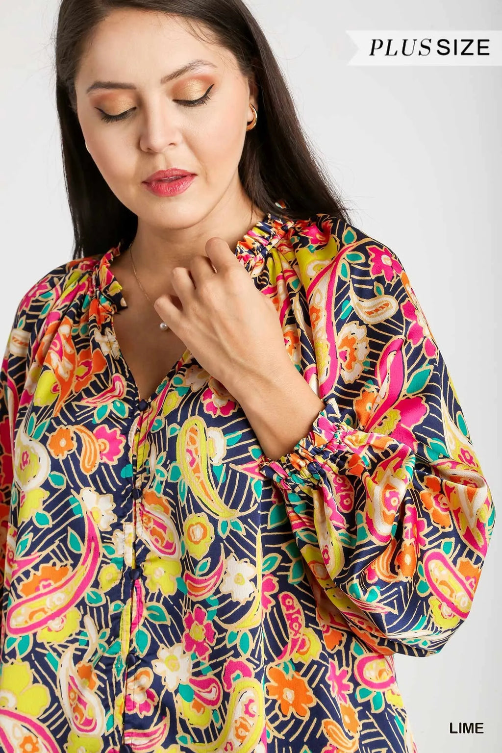 Full Size Satin Paisley Ruffle Neck Button-Up Shirt Plus Size