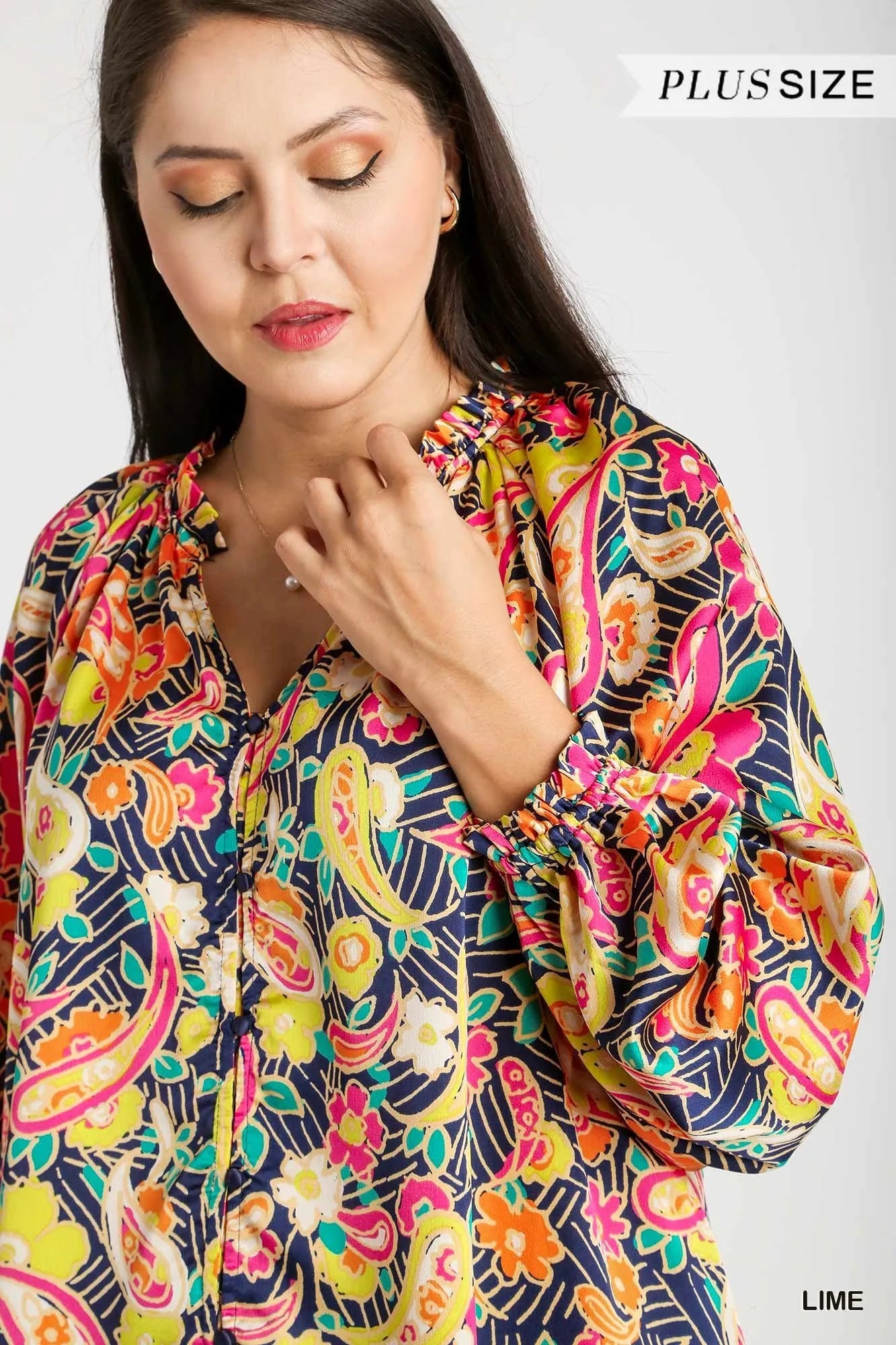 Full Size Satin Paisley Ruffle Neck Button-Up Shirt Plus Size