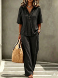 Women's Polo Neck Button-Up Top & Wide-Leg Pants Two-Piece Set