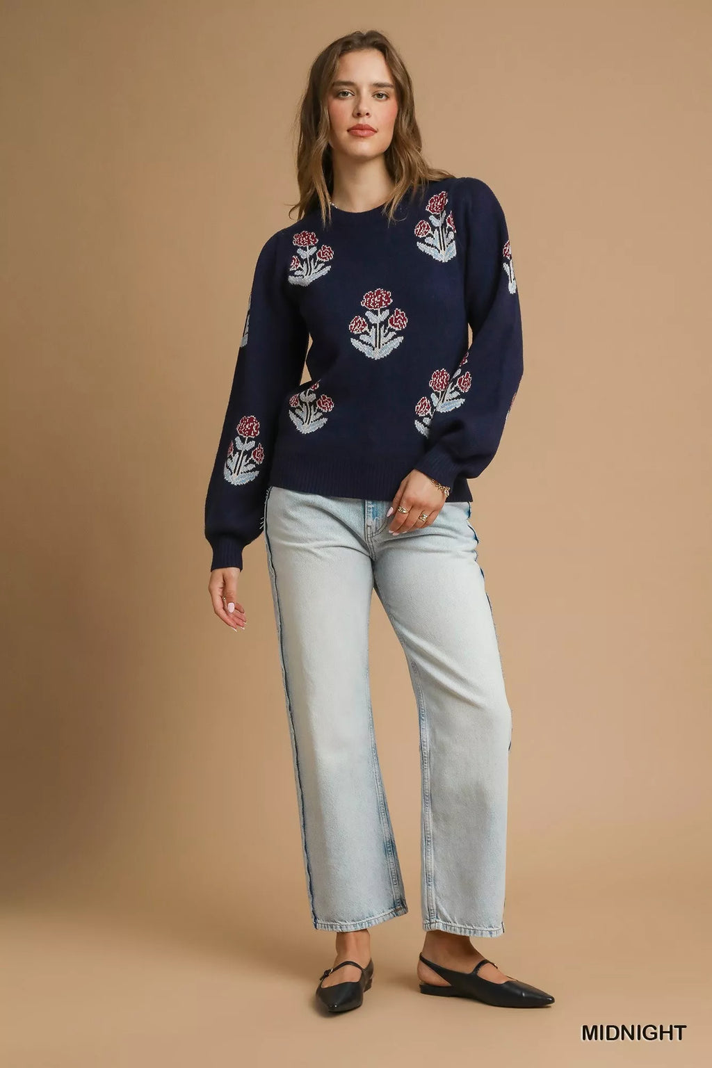 Floral Knit Sweater with Puff Sleeves