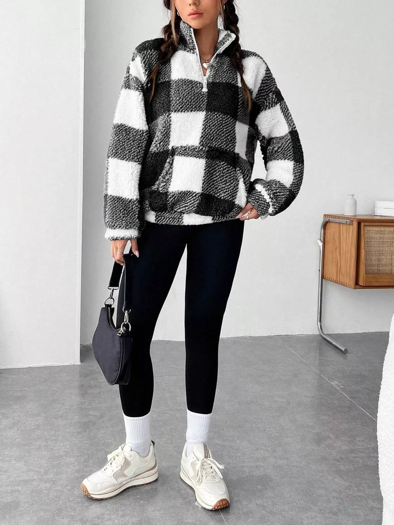 Full Size Plaid Sherpa Long Sleeve Sweatshirt Plus Size