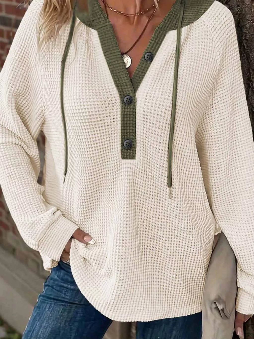 Waffle Knit Button Detail Drawstring Hoodie