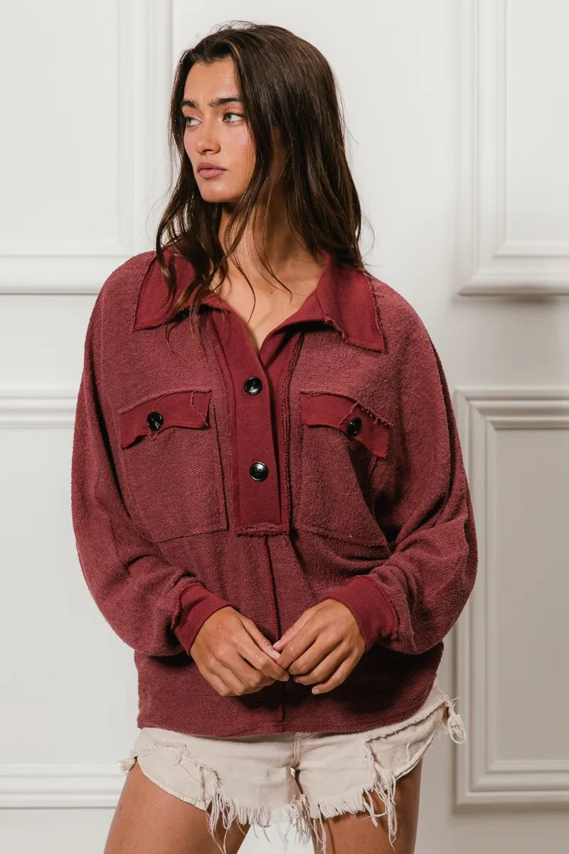 Cp French Terry Cut Edge Detail Collared Top