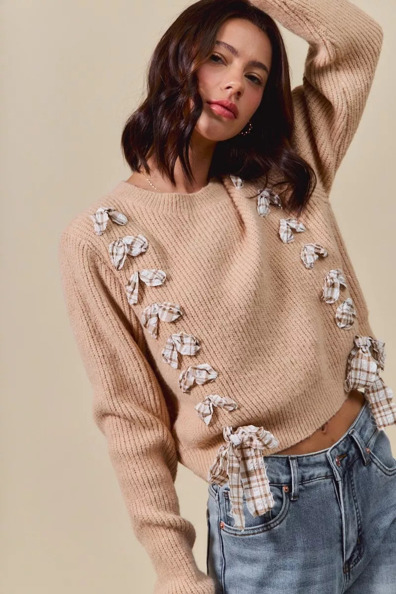 SO ME Checkered Plaid Tape Lace Up Ribbed Sweater