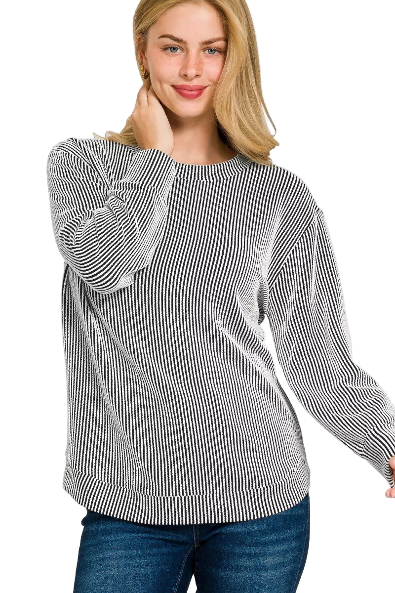 Zenana Full Size Raised Rib Round Neck Long Sleeve Top Plus Size