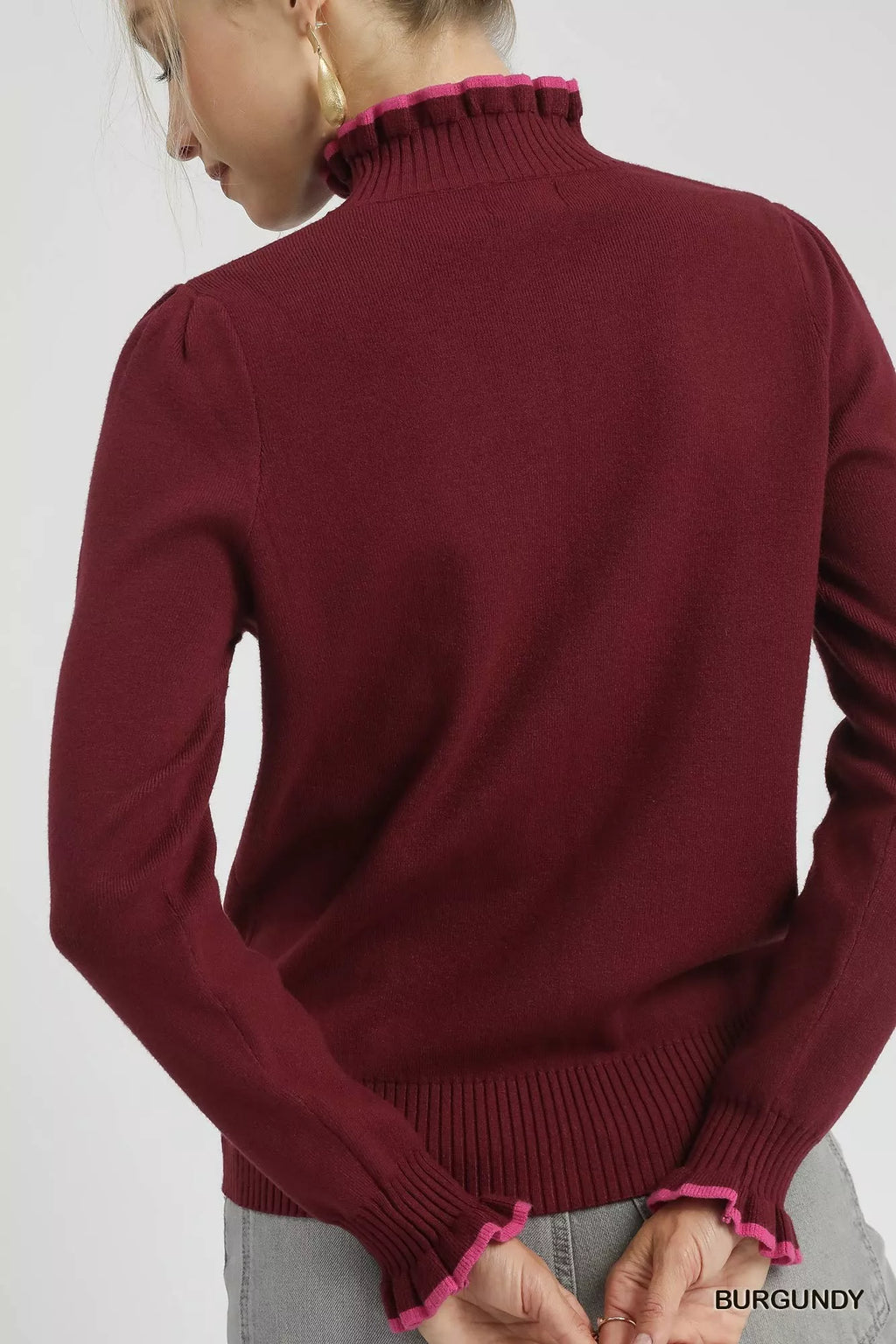 Ribbed Round Neck Sweater with Ruffle Contrast Trim