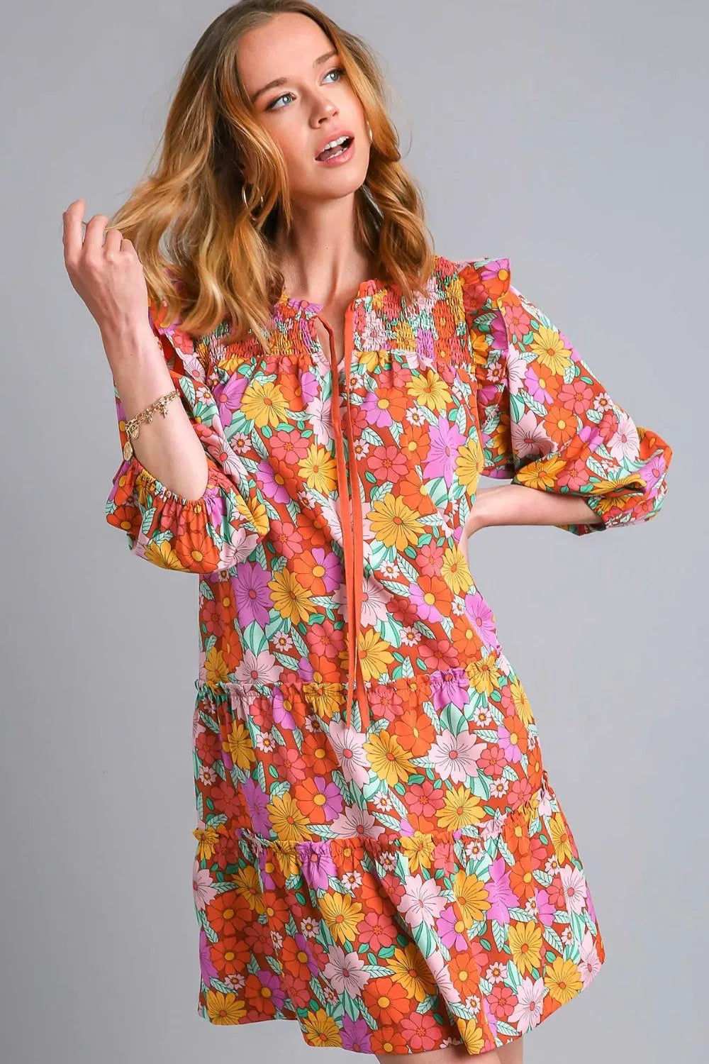 Umgee Full Size Ruffled Flower Print Tie Neck Tiered Dress Plus Size