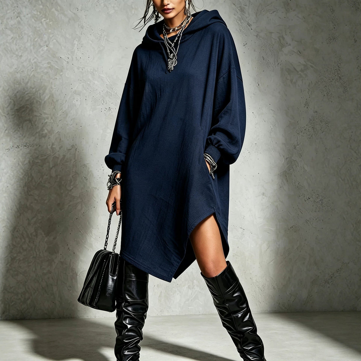 Womens Solid-Color Irregular Side-Slit Hooded Sweatshirt Dress