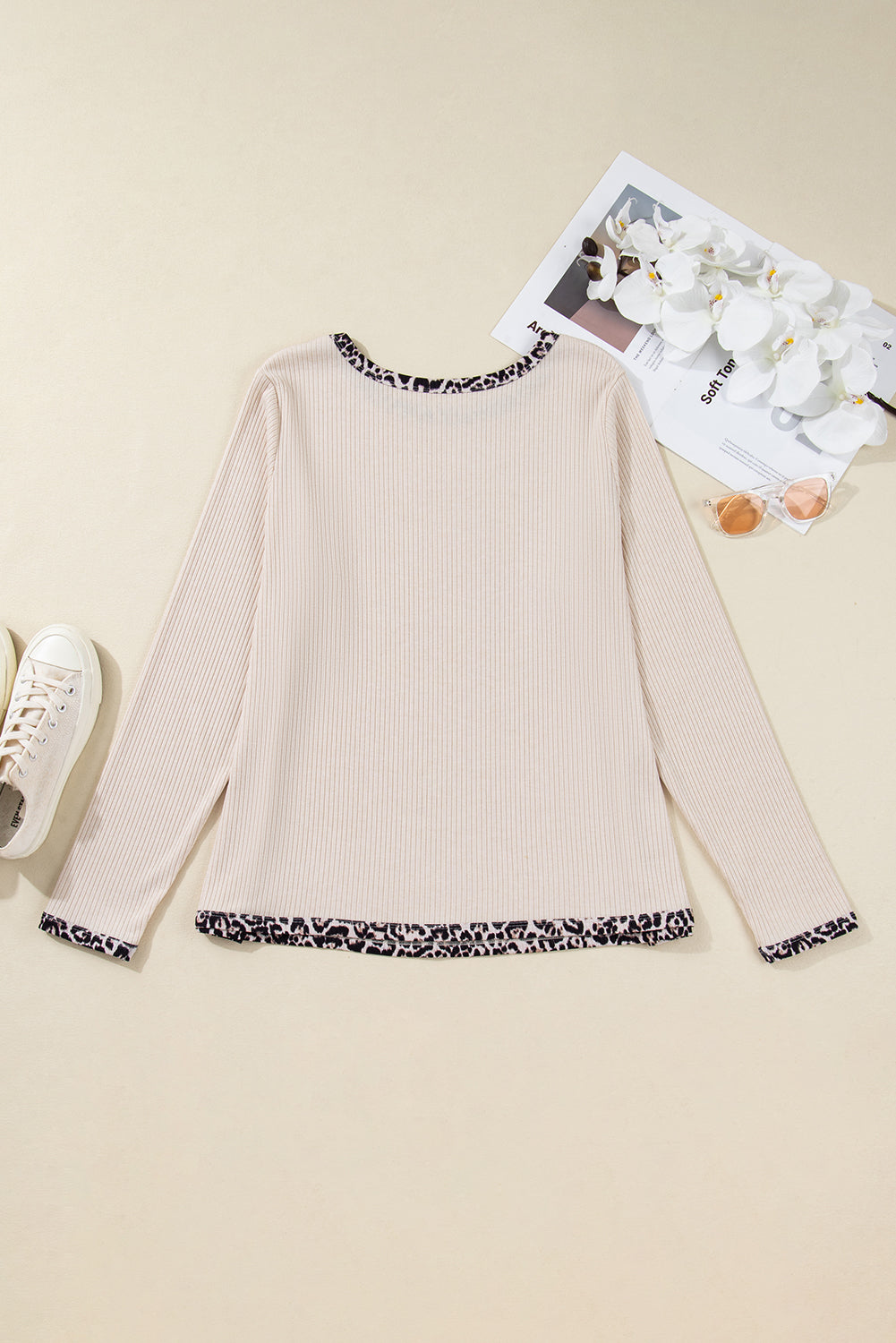 Parchment Ribbed Contrast Leopard Edge Round Neck Plus Knit Top
