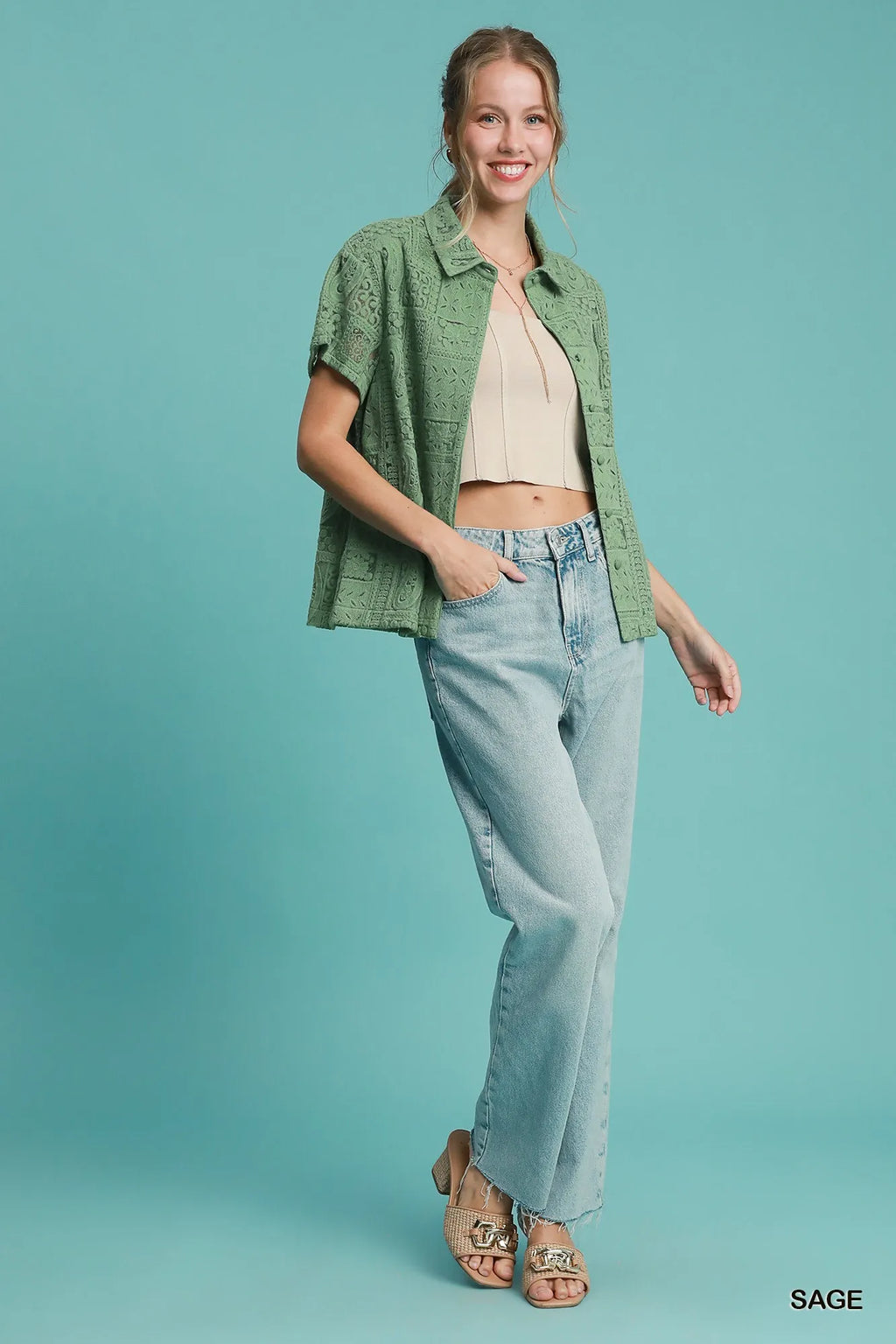 Patch Lace Short Sleeve Button Down Shirt