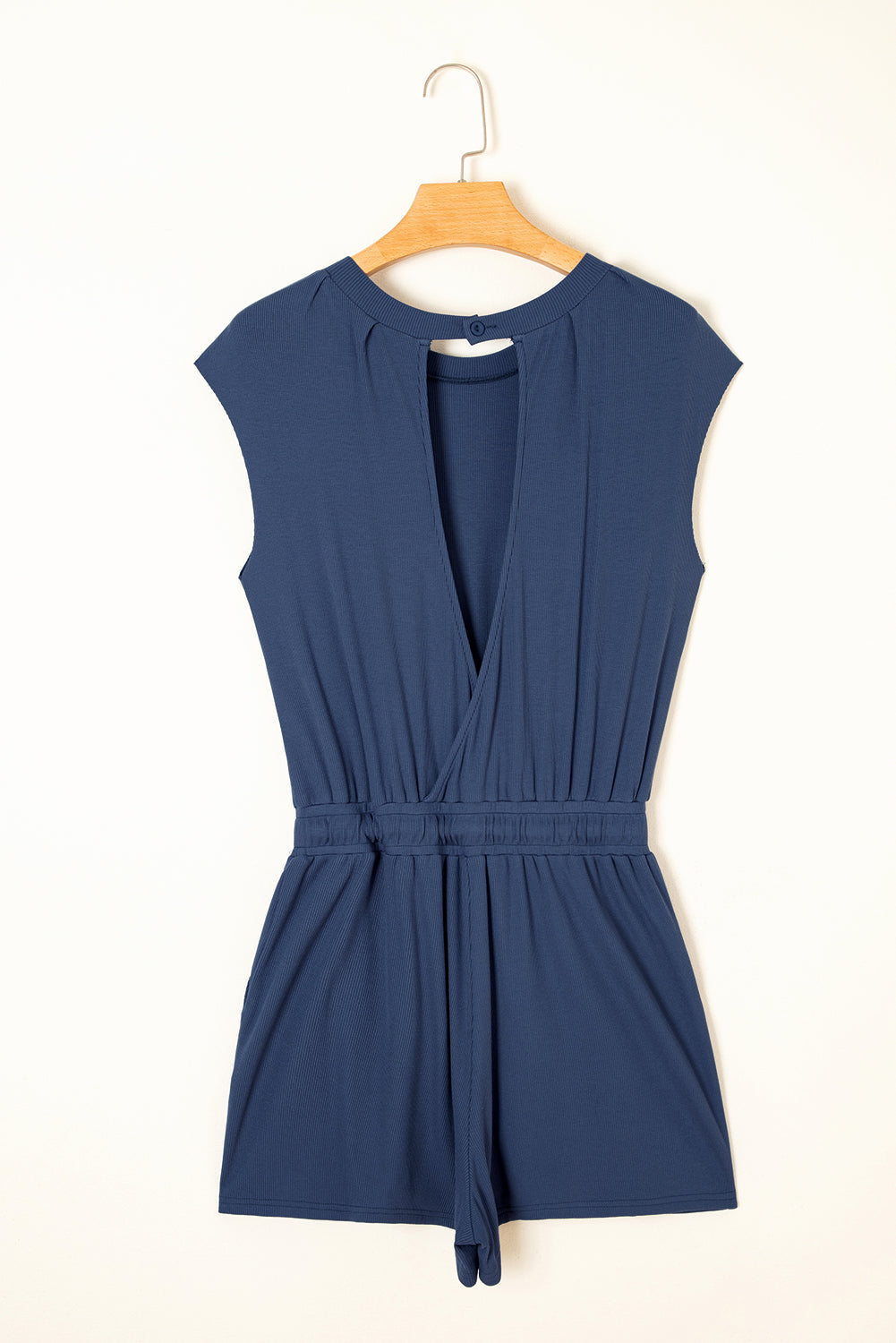 Knit Open Back Cap Sleeve Drawstring Elastic Waistband Romper