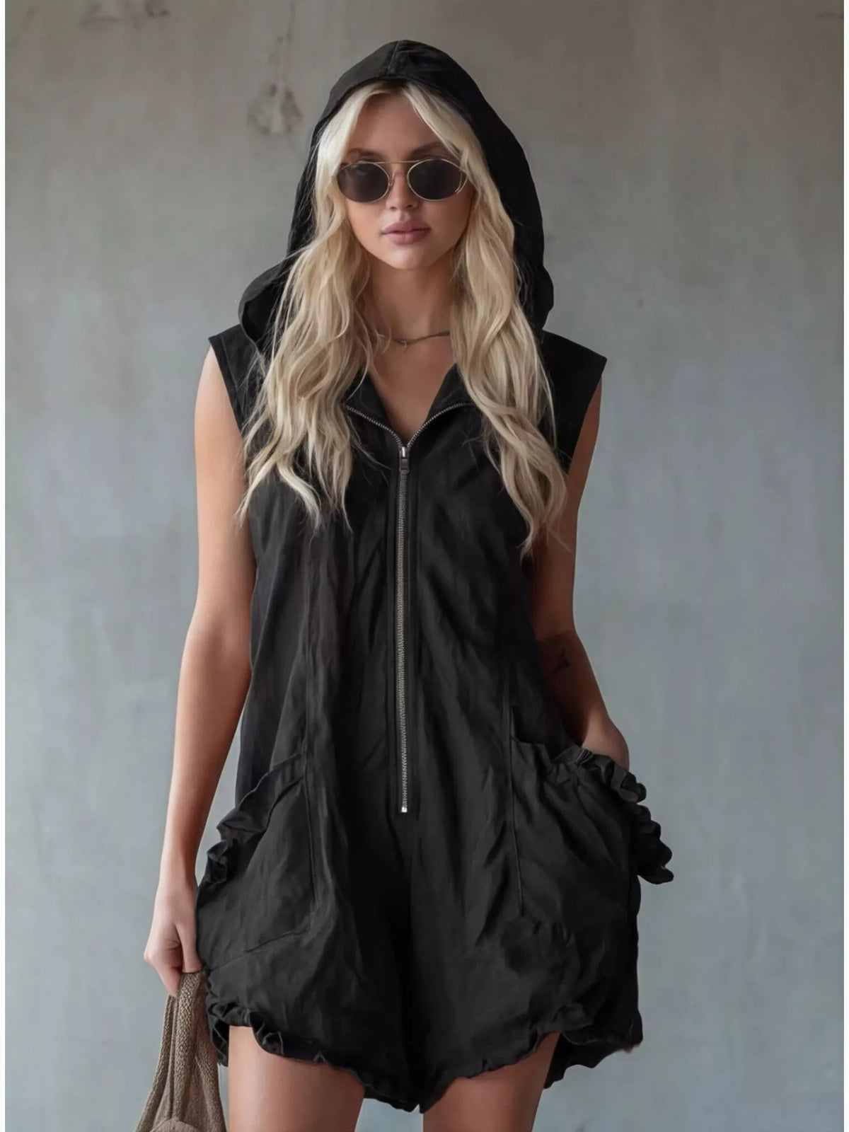 Full Size Hooded Sleeveless Zipper Romper with Ruffled Pockets Plus Size