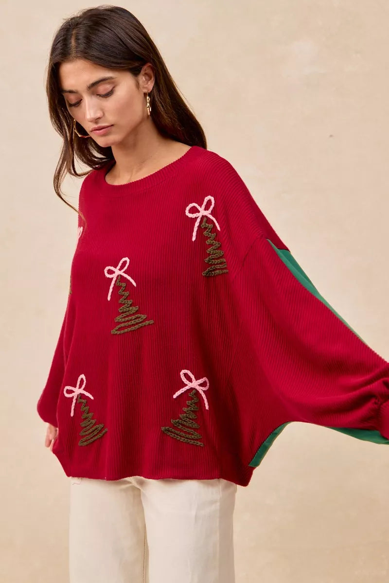 Christmas Theme Tree Embroidered Sweater