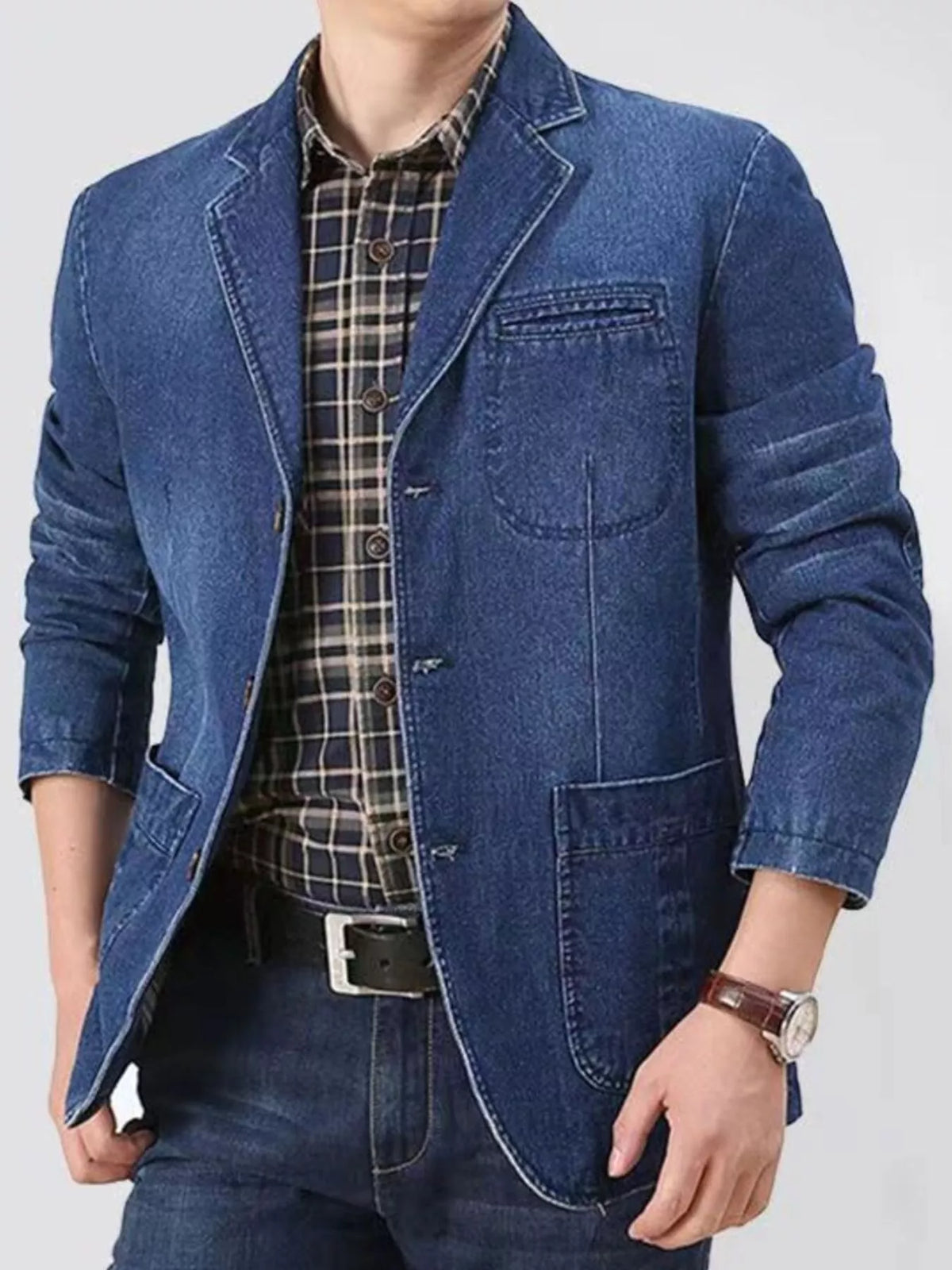 Men's Plus Size Button Down Denim Blazer Jacket