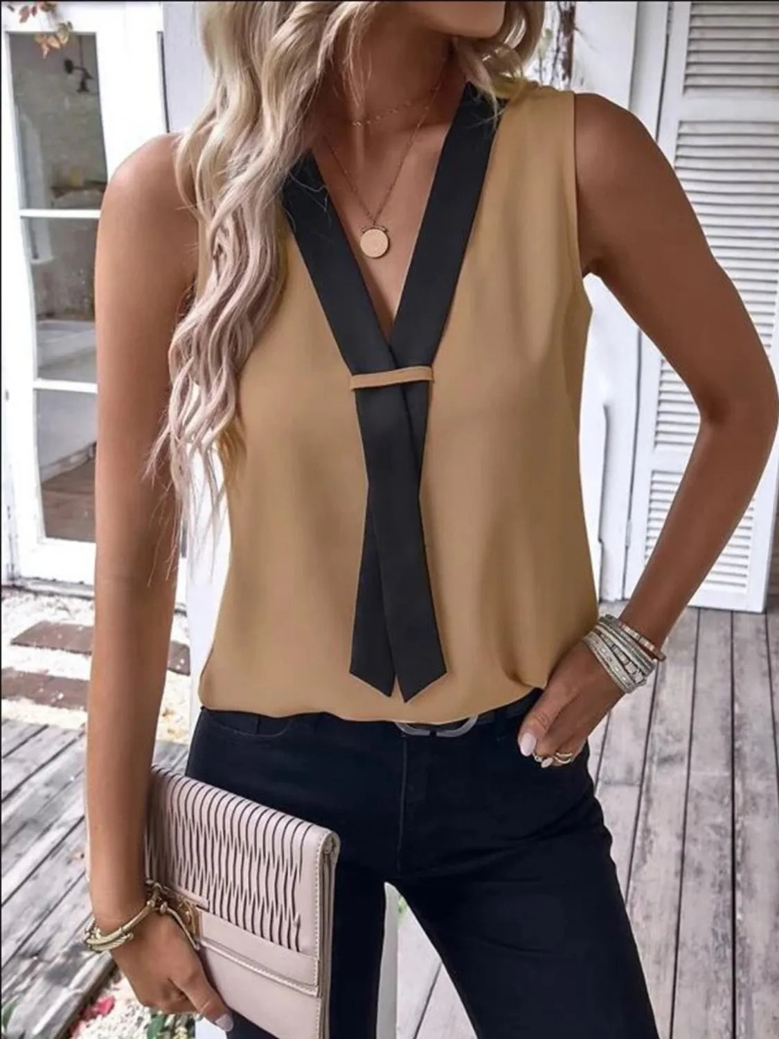 Full Size  V-Neck Contrast Tank Plus Size