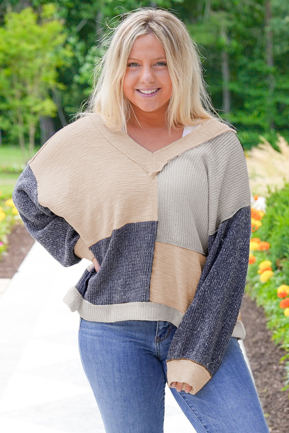 Plus Size Textured Colorblock Patchwork V Neck Top