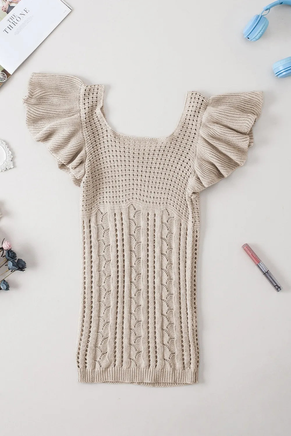 Openwork Ruffled Scoop Neck Knit Top