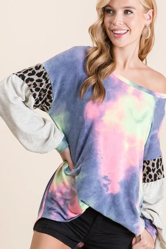 Tie Dye Terry Top with Contrast Puff Sleeves