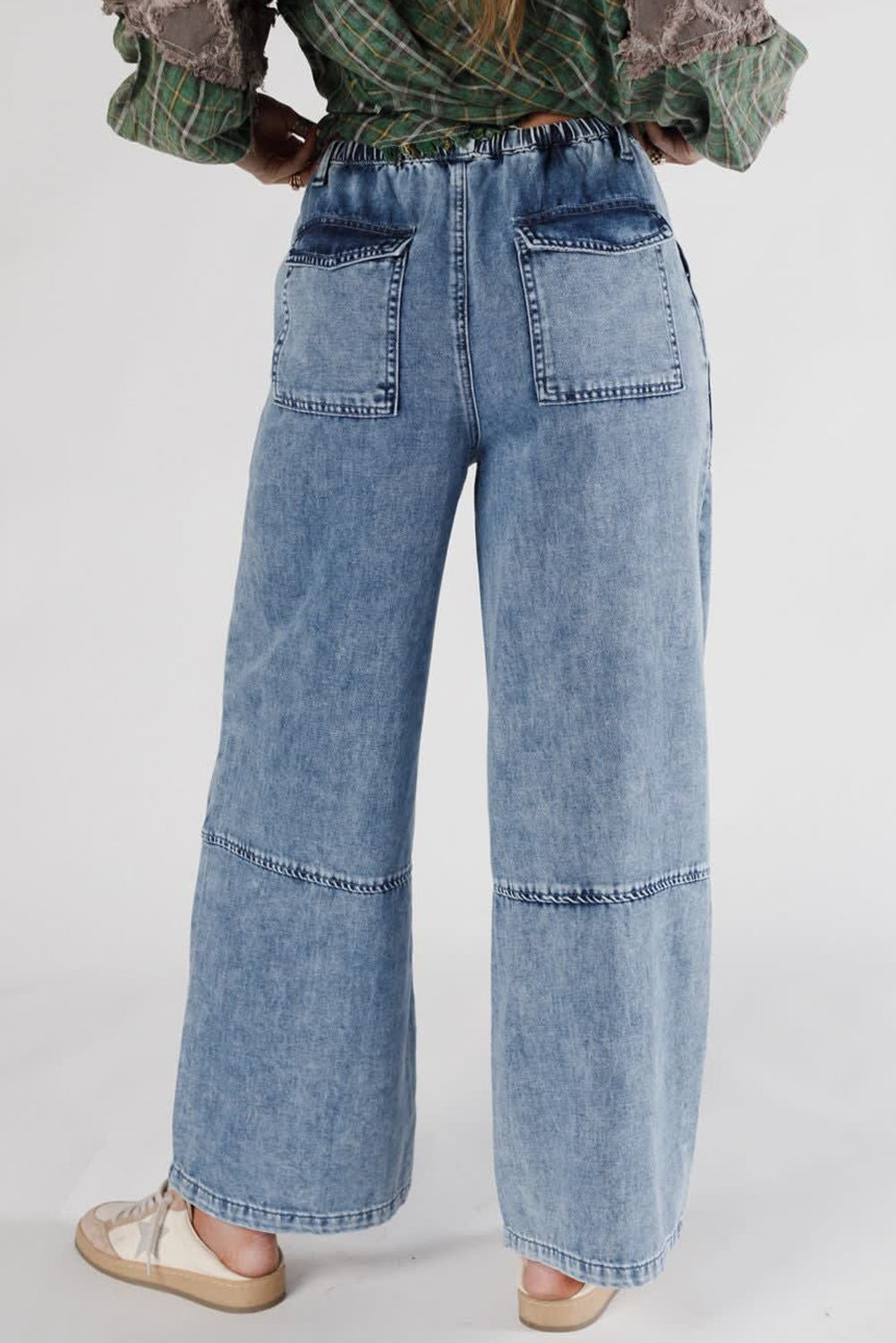 Acid Wash Exposed Seam Drawstring Elastic Waistband Jeans