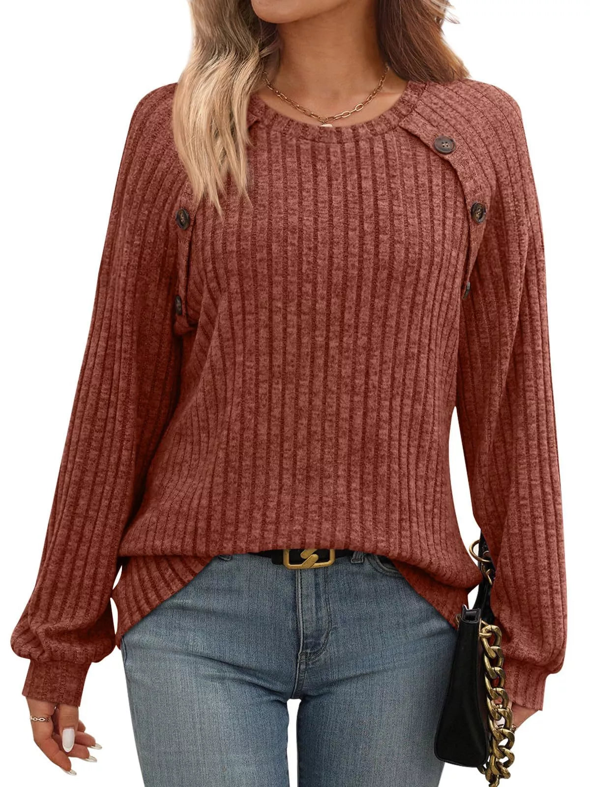 Ribbed Knit Decor Button Long Sleeve T-Shirt