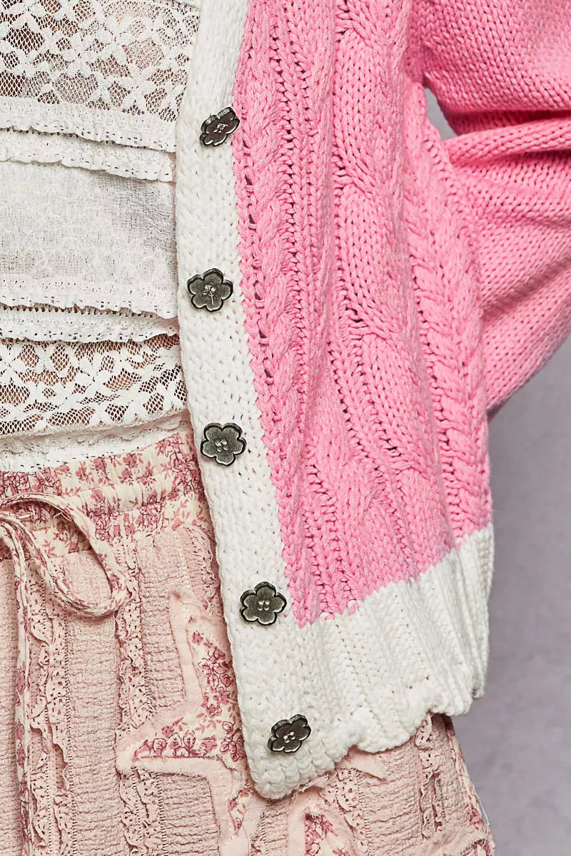 POL Button Down Cable-Knit Cardigan with Contrast Border Accents