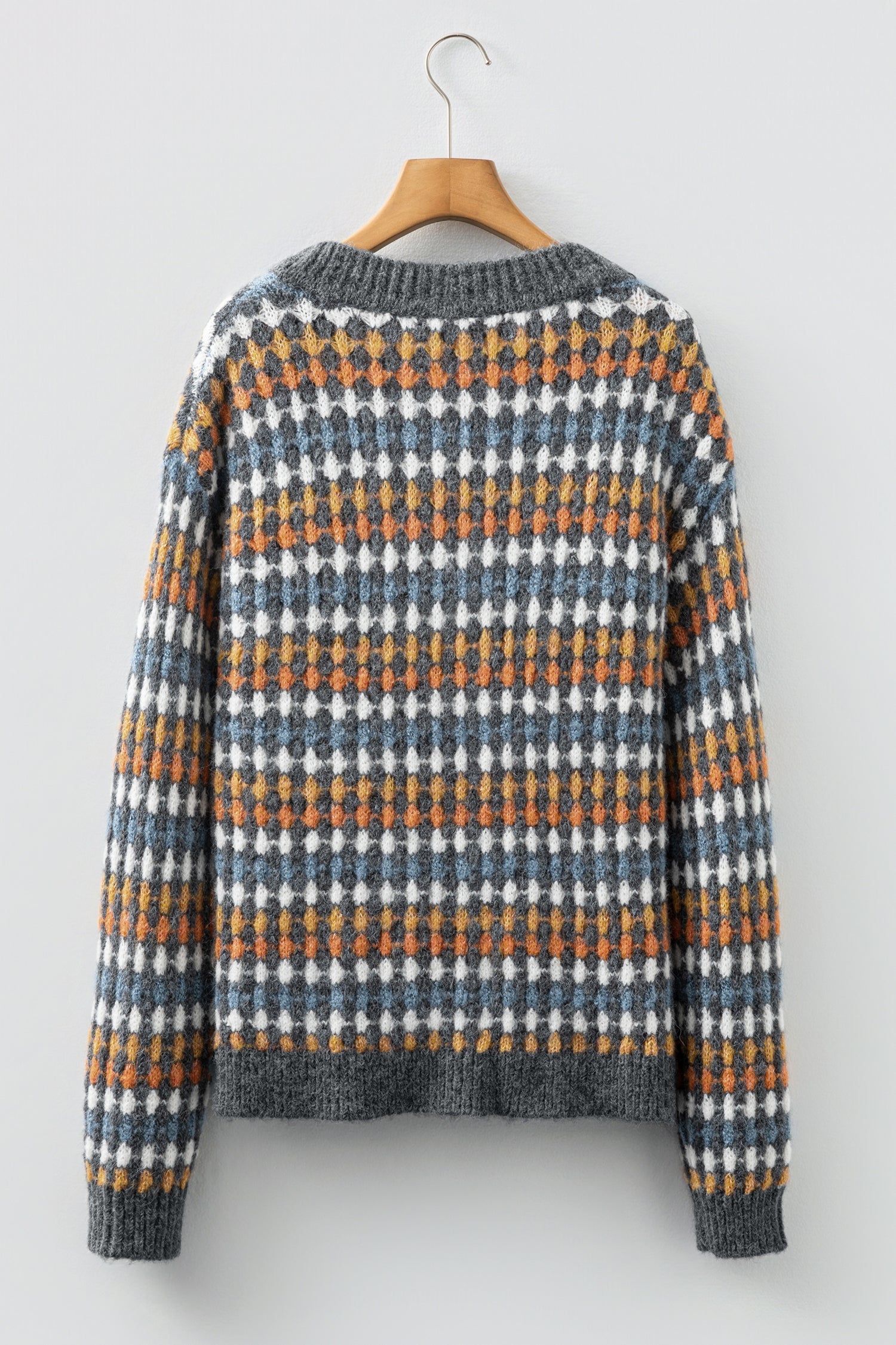 Gray Dotty Pattern Knit Button Front V Neck Sweater Cardigan