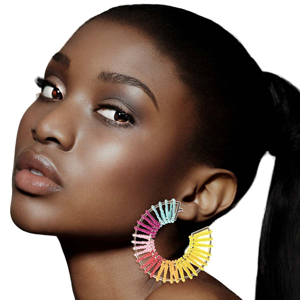 Wide Rainbow Seed Bead Hoops Stylish Statement Earrings