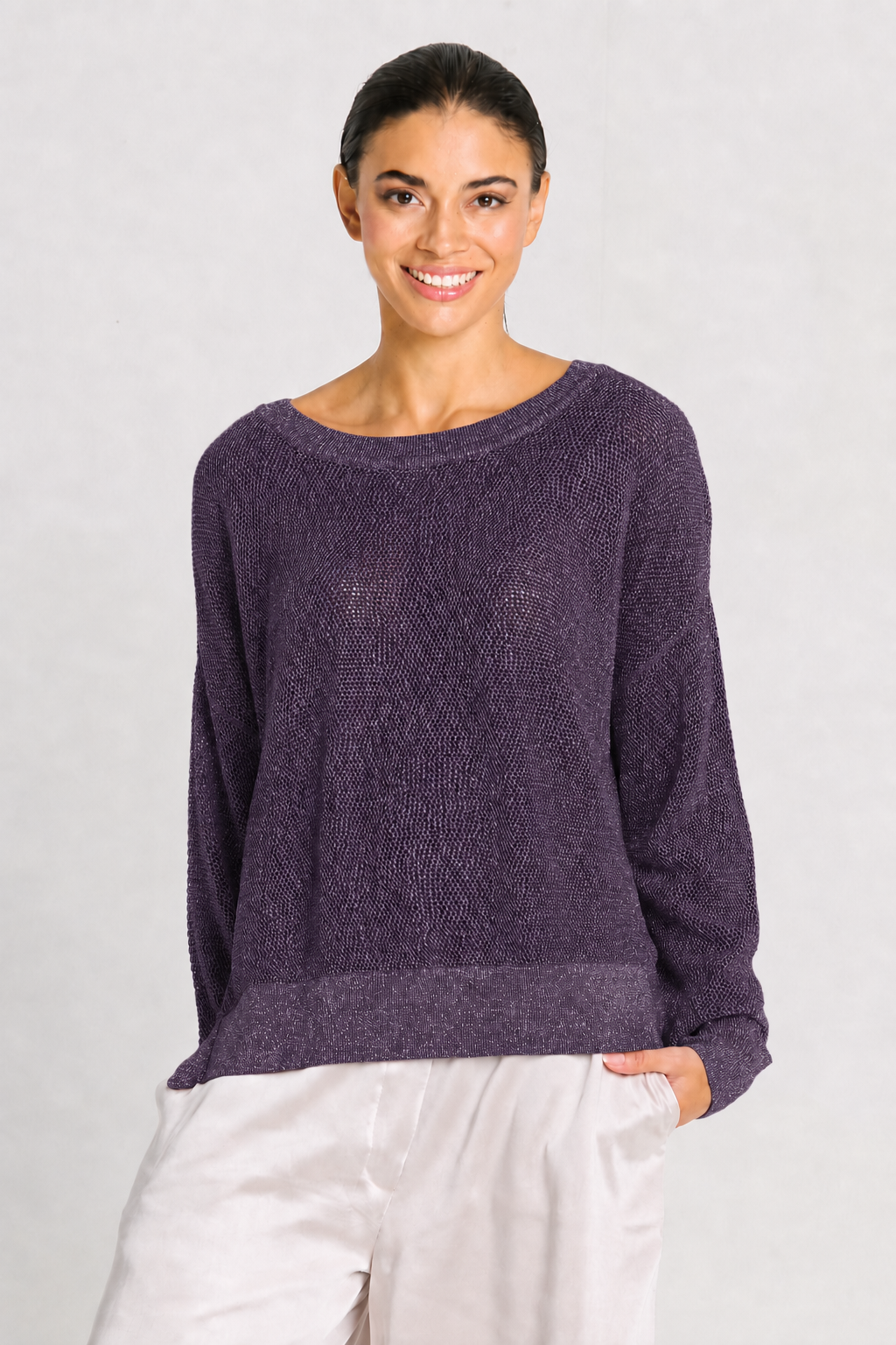 Pima Cotton Metallic Mini Seed Stitch - Plum/Silver