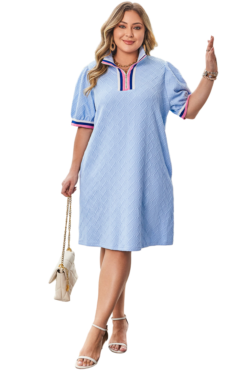 Beau Blue Contrast Striped Trim Zipped Stand Collar Textured Puff Sleeve Plus Size T Shirt Dress