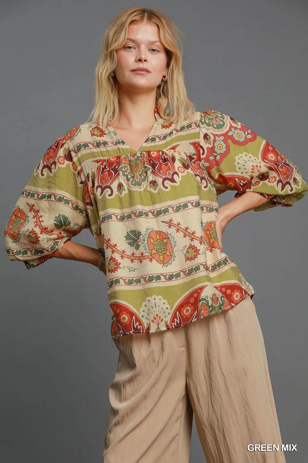 Umgee Full Size Border Print Notched 3/4 Puff Sleeve Blouse Plus Size