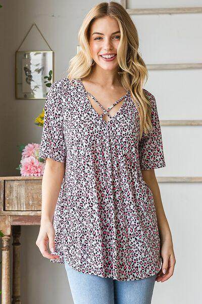 Heimish Full Size Short Sleeve Crisscross Animal Babydoll Top Plus Size