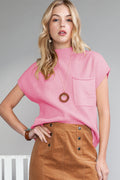 Pink Patch Pocket Ribbed Knit Short Sleeve Sweater