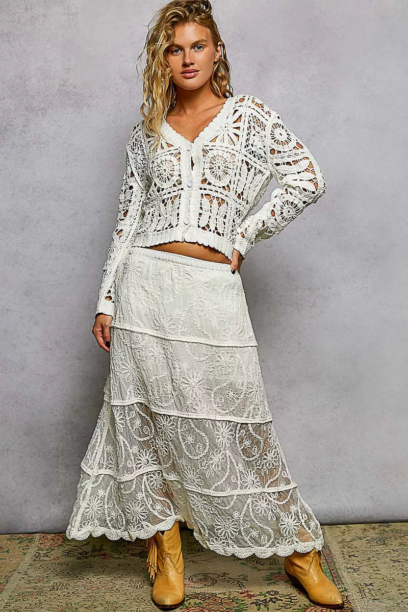 POL Button Down V-Neck Long Sleeve Cropped Crochet Cardigan
