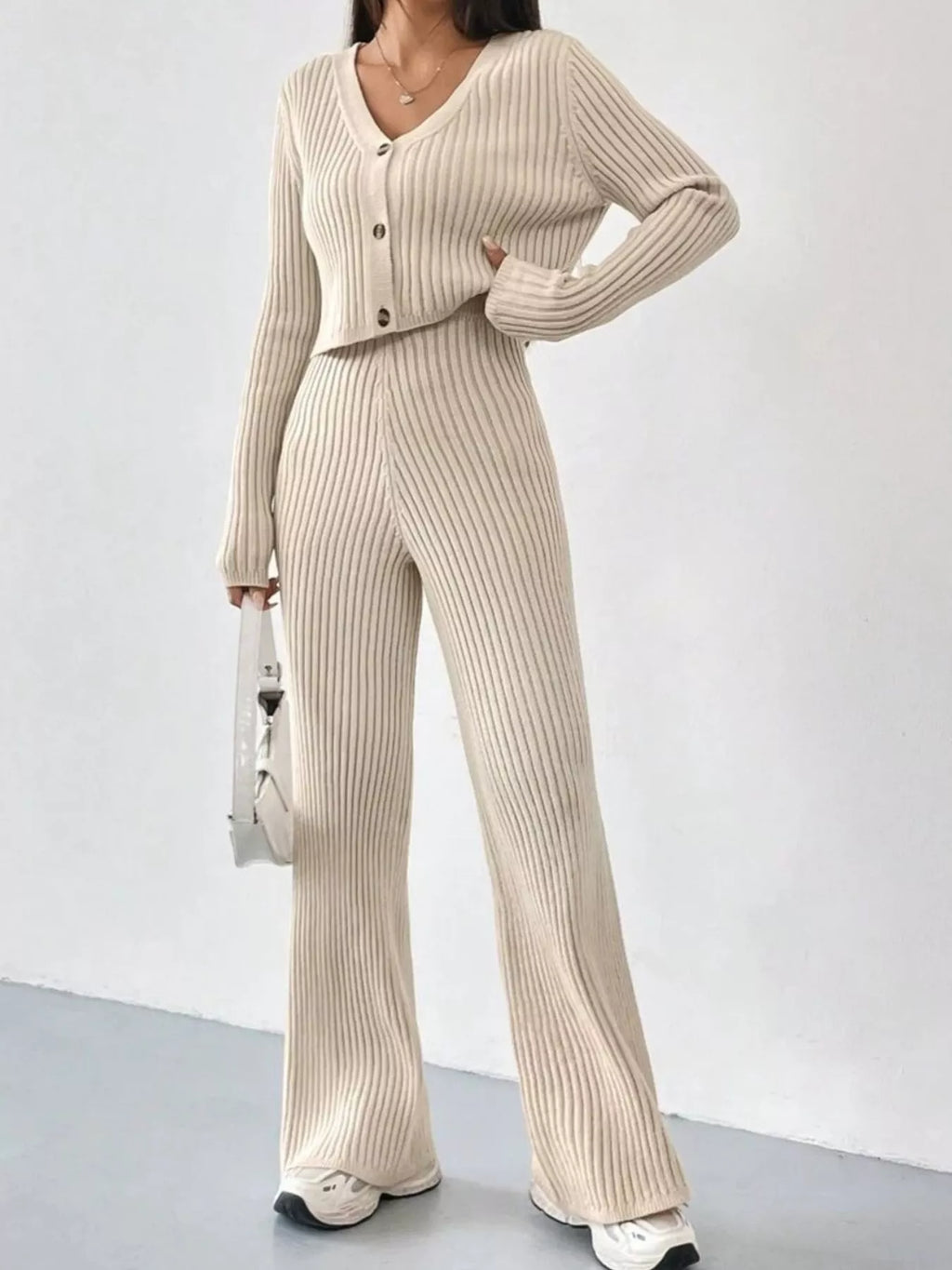 Ribbed Knit Button Up Top and Pants Set