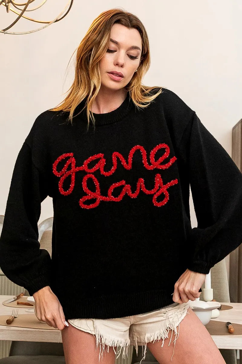 Game Day Metallic Letter Sweater