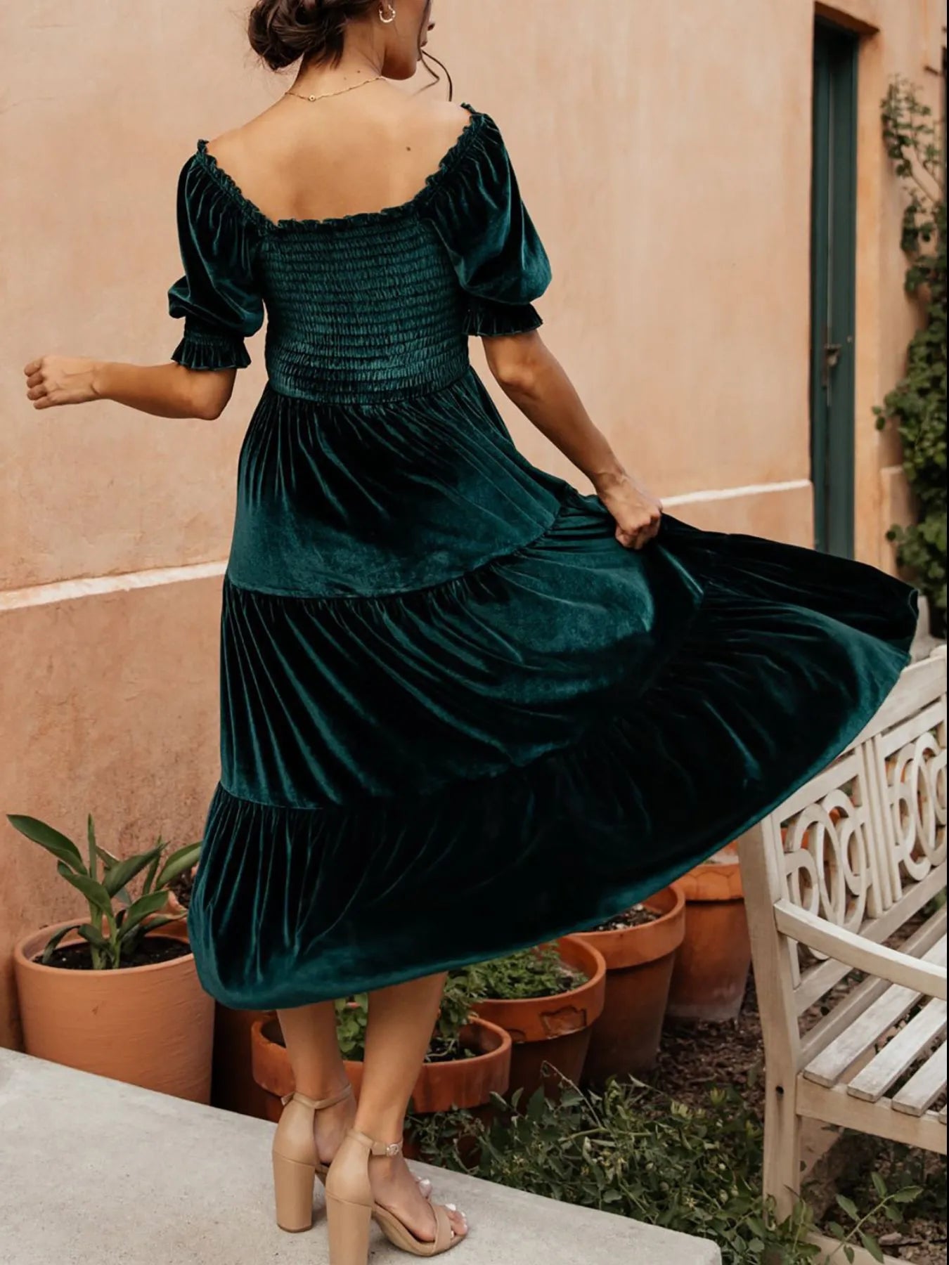Smocked Half Sleeve Tiered Midi Dress