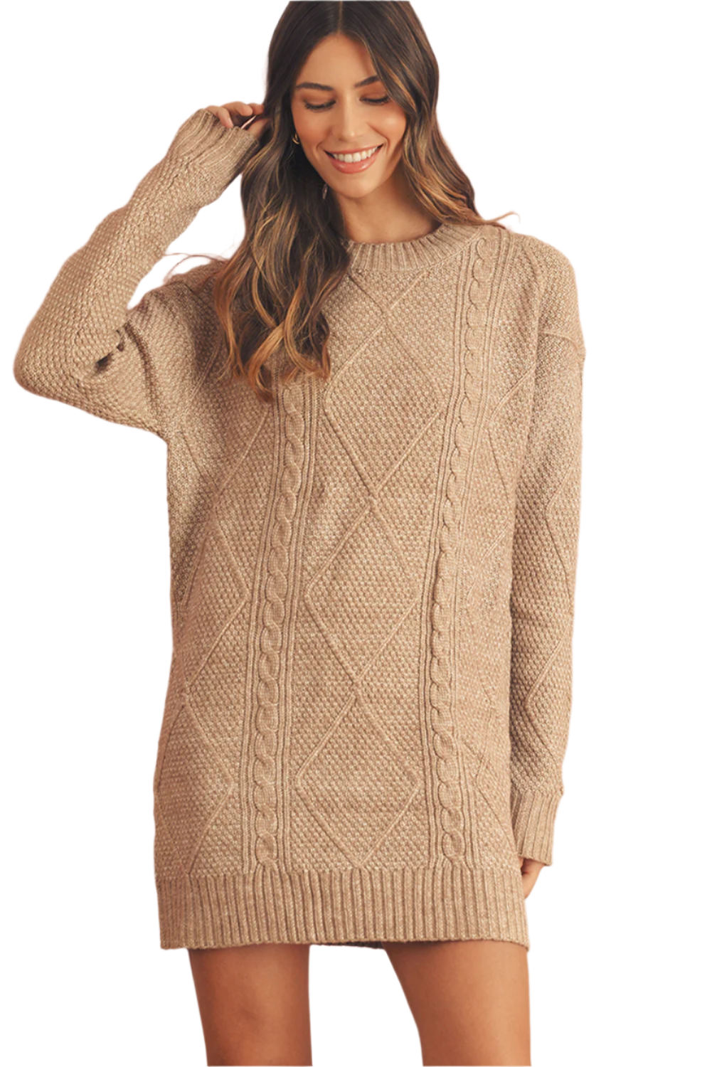 Mist Green Twist Cable Knit Drop Shoulder Loose Fit Sweater Dress