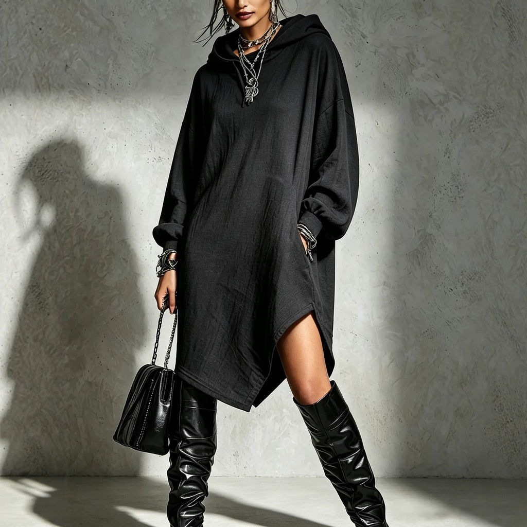 Womens Solid-Color Irregular Side-Slit Hooded Sweatshirt Dress