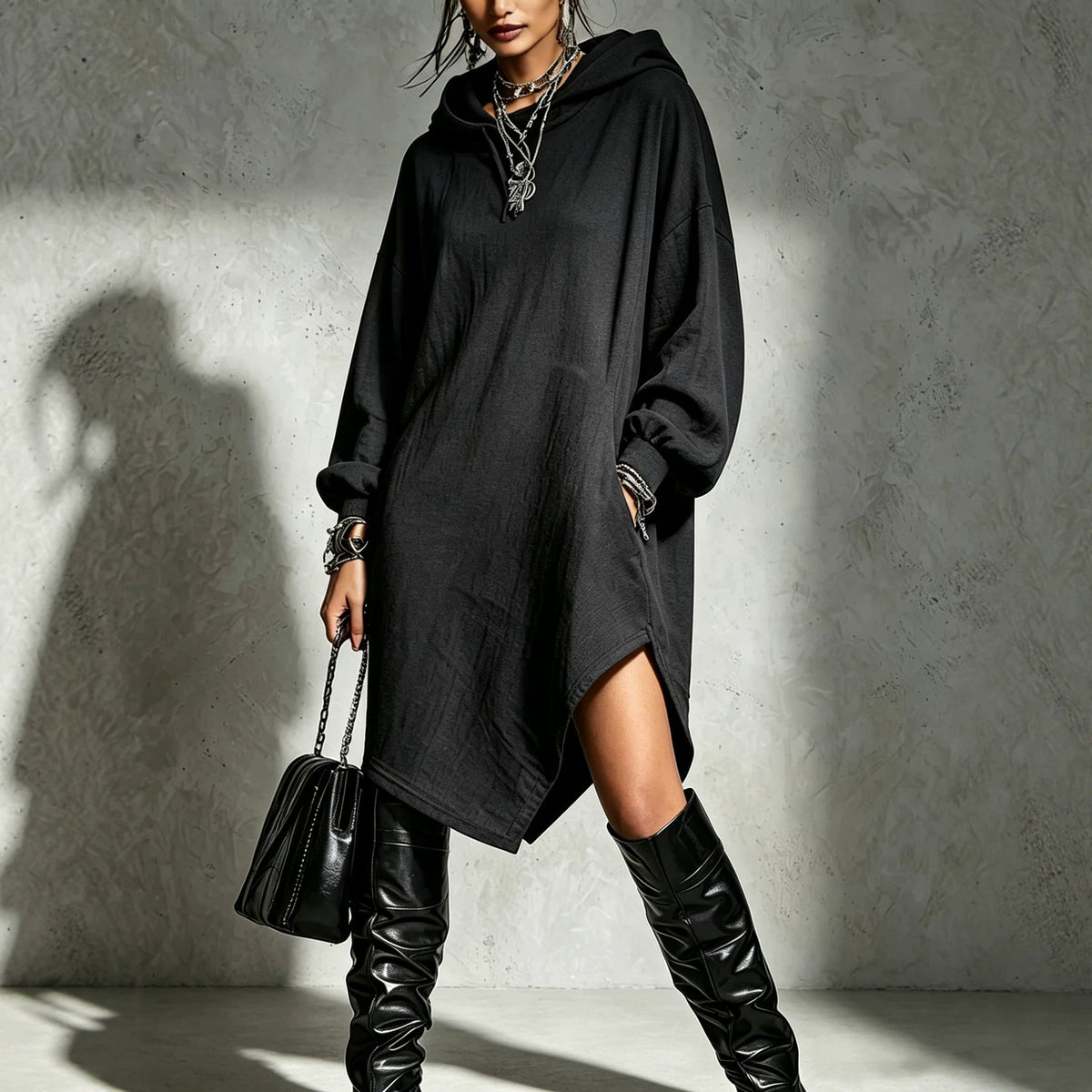 Womens Solid-Color Irregular Side-Slit Hooded Sweatshirt Dress