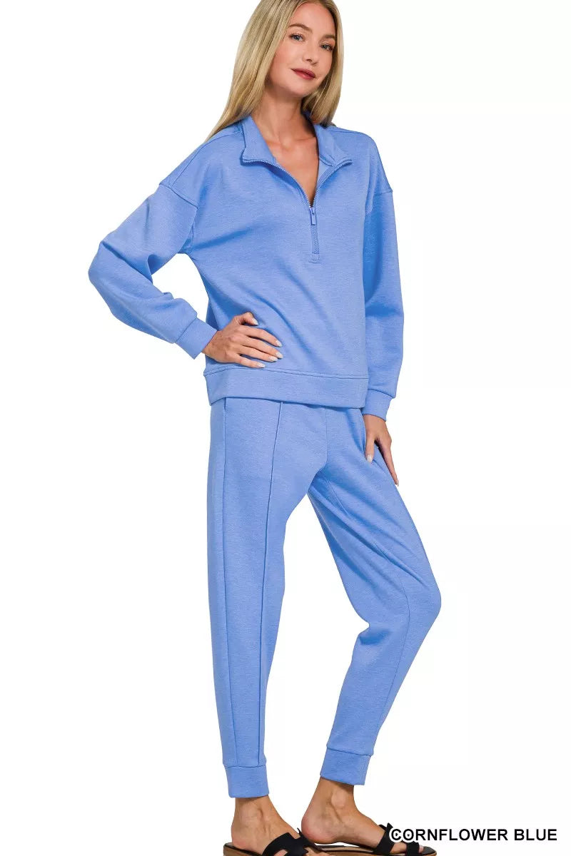 Zenana Scuba Half Zip Pullover and Jogger Set